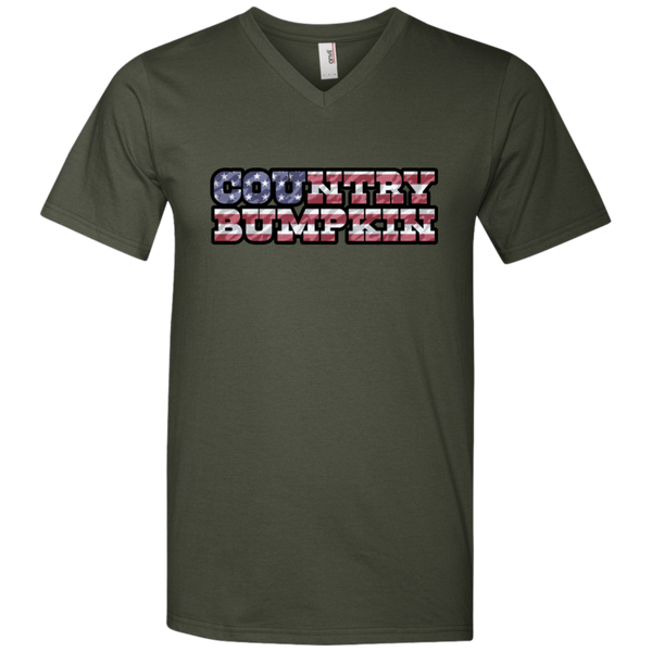 "Country Bumpkin" Camo US Flag Text Anvil Men's Printed V-Neck T-Shirt