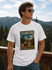 Men's Funny Yellowstone bison T-Shirtinspired by the viral Yellowstone bison yeet. Vintage national park graphic tee for campers, hikers, RV travelers, and outdoor lovers.