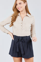 3/4 Roll Up Sleeve Front Two Pocket W/button Detail Stretch Shirt