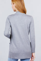 Long Sleeve Rib Banded Open Sweater Cardigan W/pockets