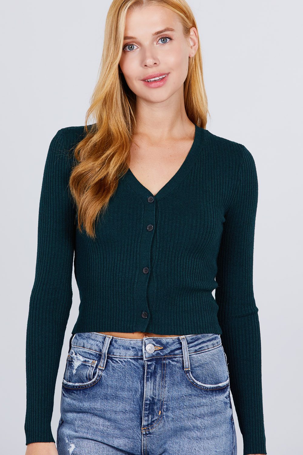 Long Sleeve V-neck W/button Down Crop Cardigan