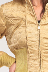 Letter Printed Zip-up Faux Fur Hood Detail Cropped Winter Bomber Jacket