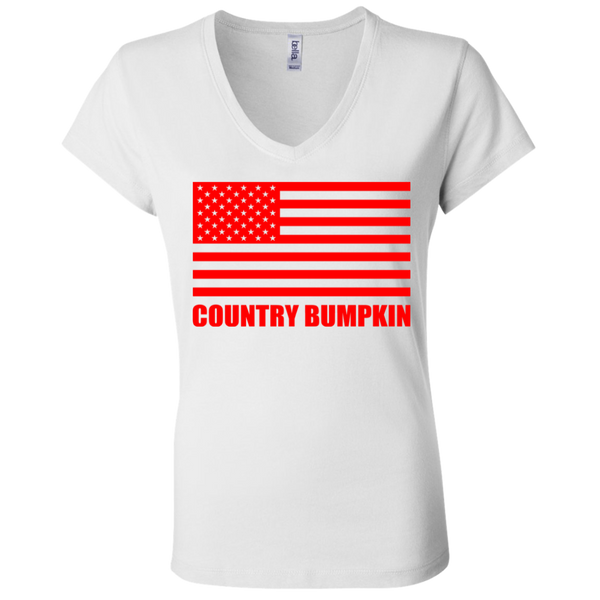 "Country Bumpkin" Red American Flag B6005 Ladies' Jersey V-Neck T-Shirt