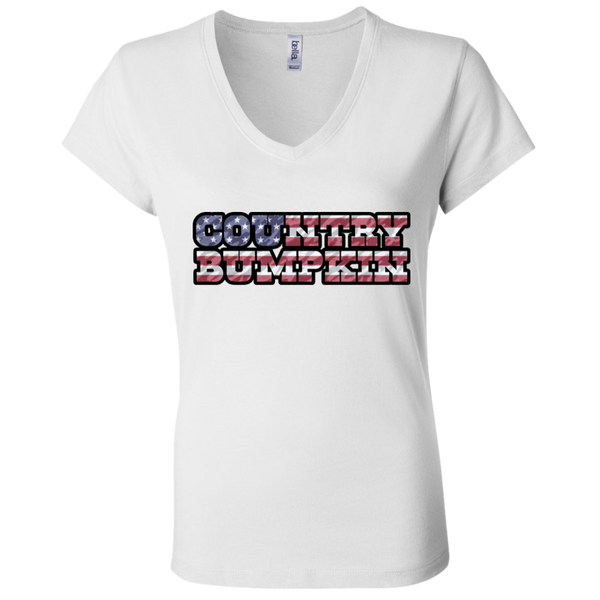 "Country Bumpkin" Camo US Flag Text Bella + Canvas Ladies' Jersey V-Neck T-Shirt