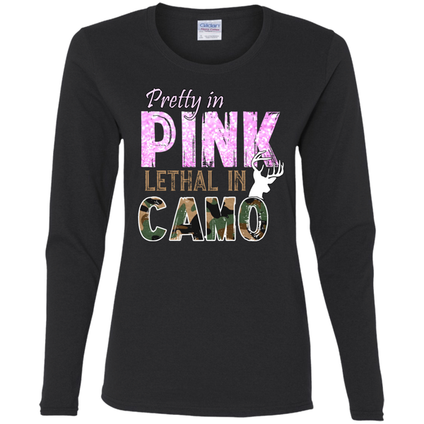 "Pretty In Pink. Lethal In Camo" Gildan Ladies' Cotton LS T-Shirt