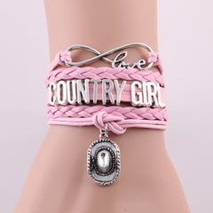 Cute Country Girl Leather Charm Bracelet With Cowgirl Hat